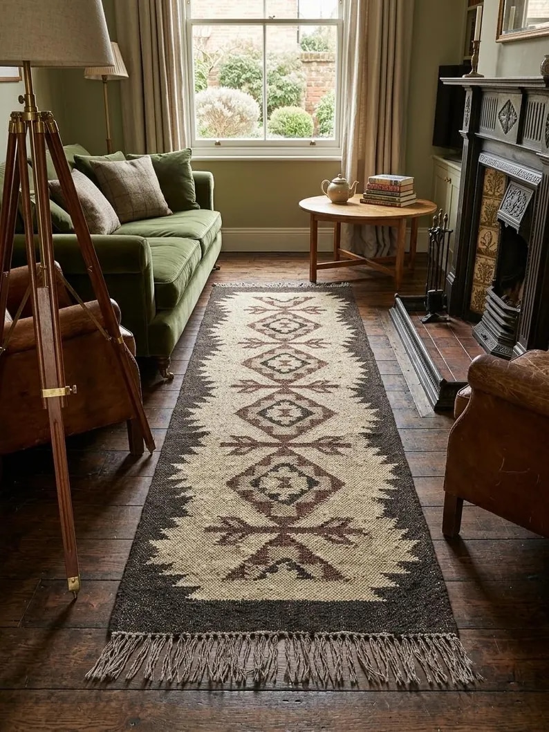 Long ivory runner with taupe and charcoal diamond motifs, a dark sawtooth border and fringed ends beside a green sofa and ornate fireplace.