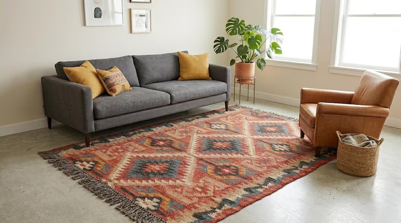 Coral-red area rug with charcoal, ivory and muted blue diamond motifs and fringed ends, styled beside a grey sofa and tan armchair.