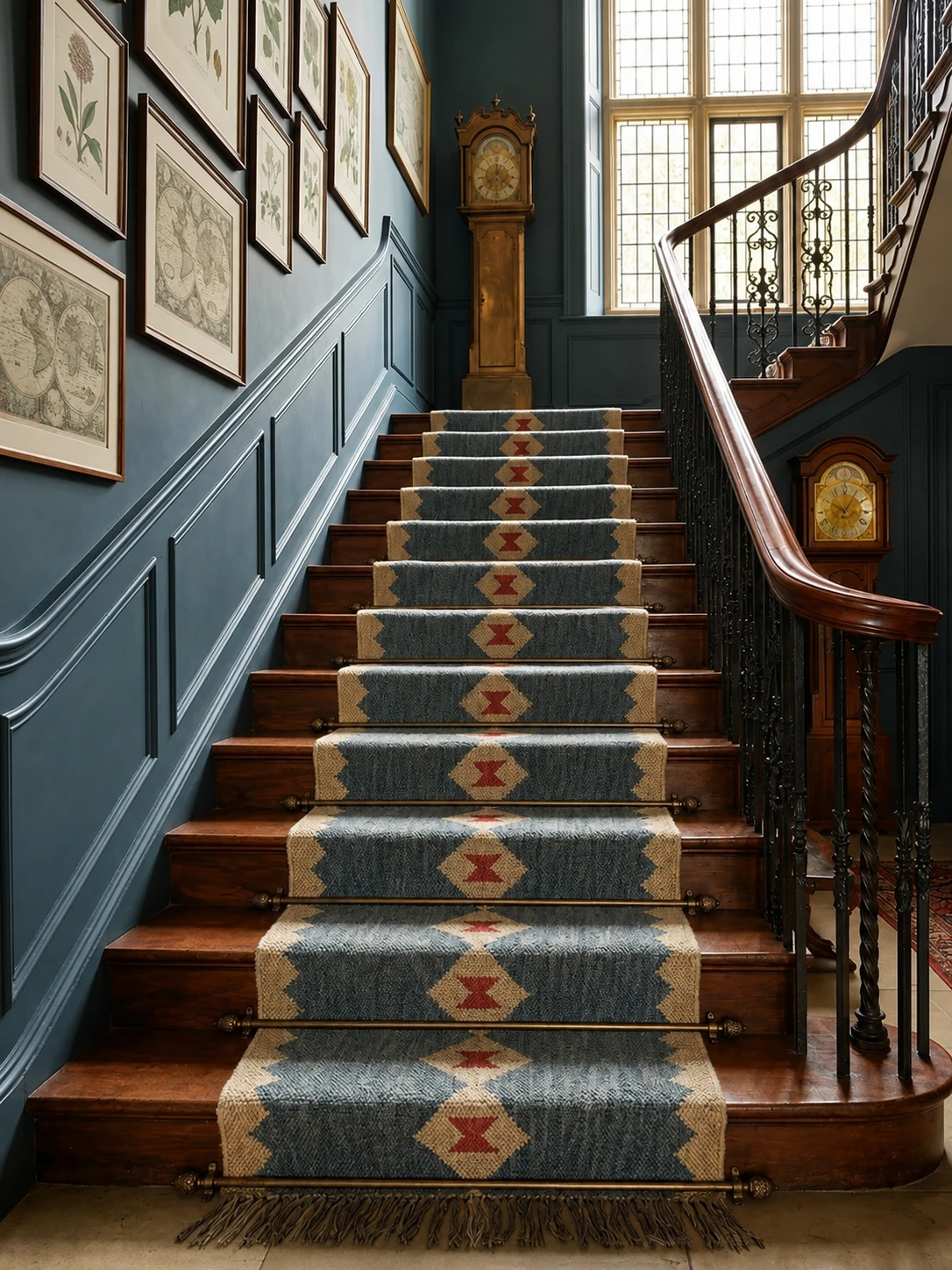 Indigo stair runner with ivory borders and a central chain of rust and ivory diamonds on a wooden staircase.