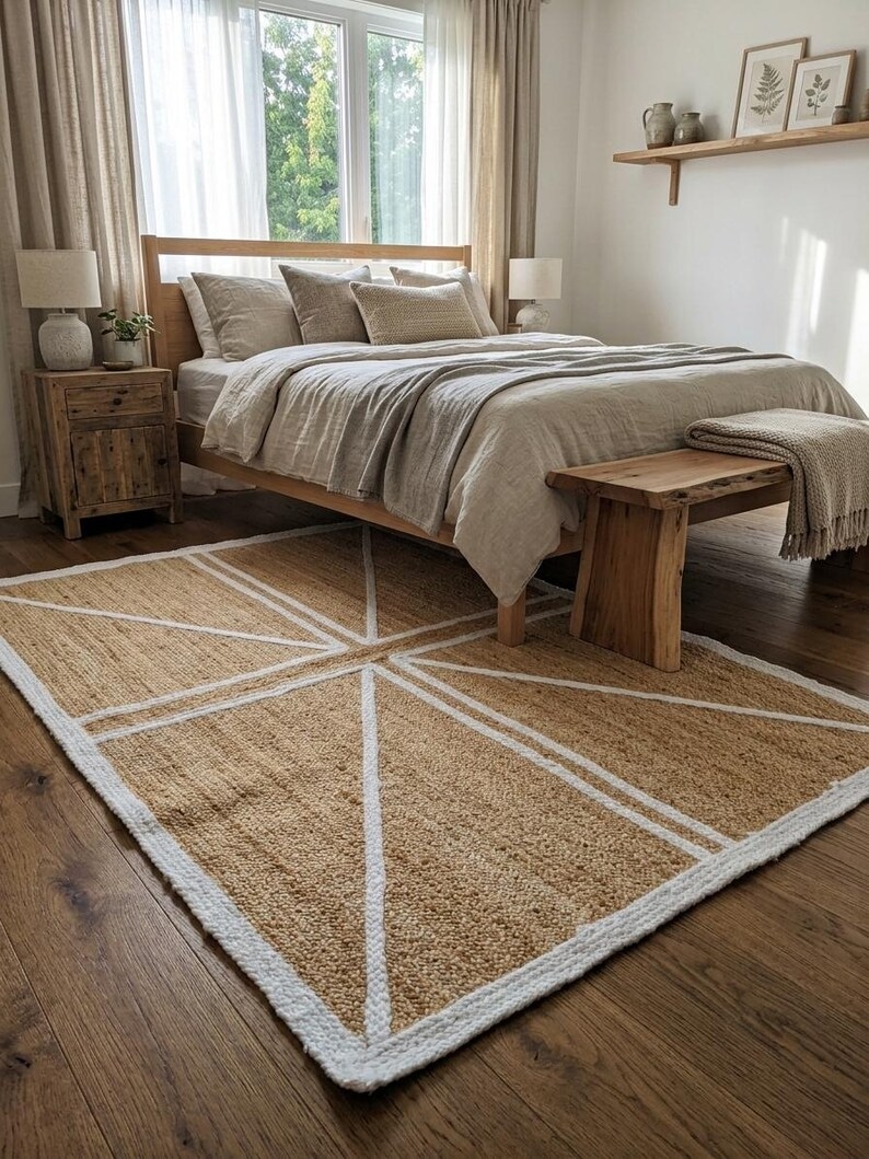 Rectangular sand-coloured area rug with intersecting ivory lines and an ivory border, styled beneath a bed in a neutral bedroom.
