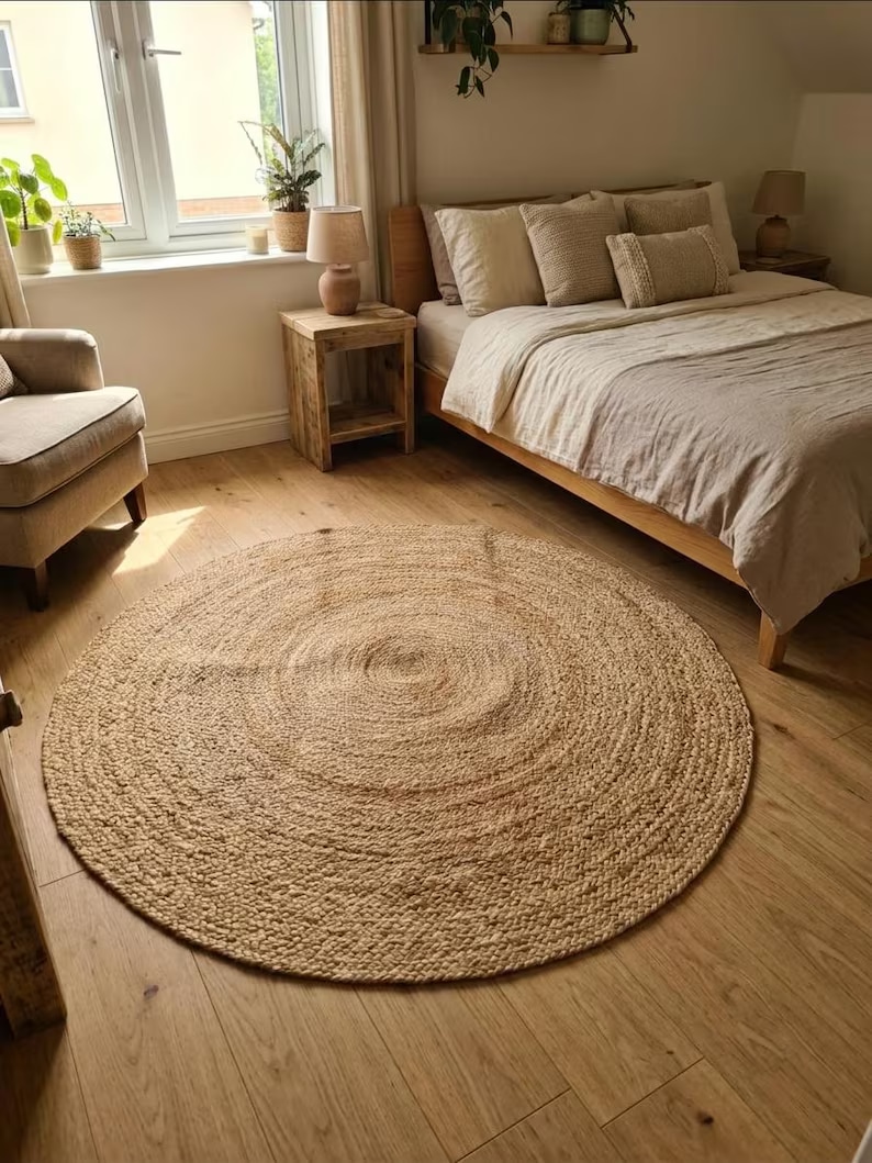Round sand-coloured rug with concentric textured rings on a wooden floor beside a bed and armchair.
