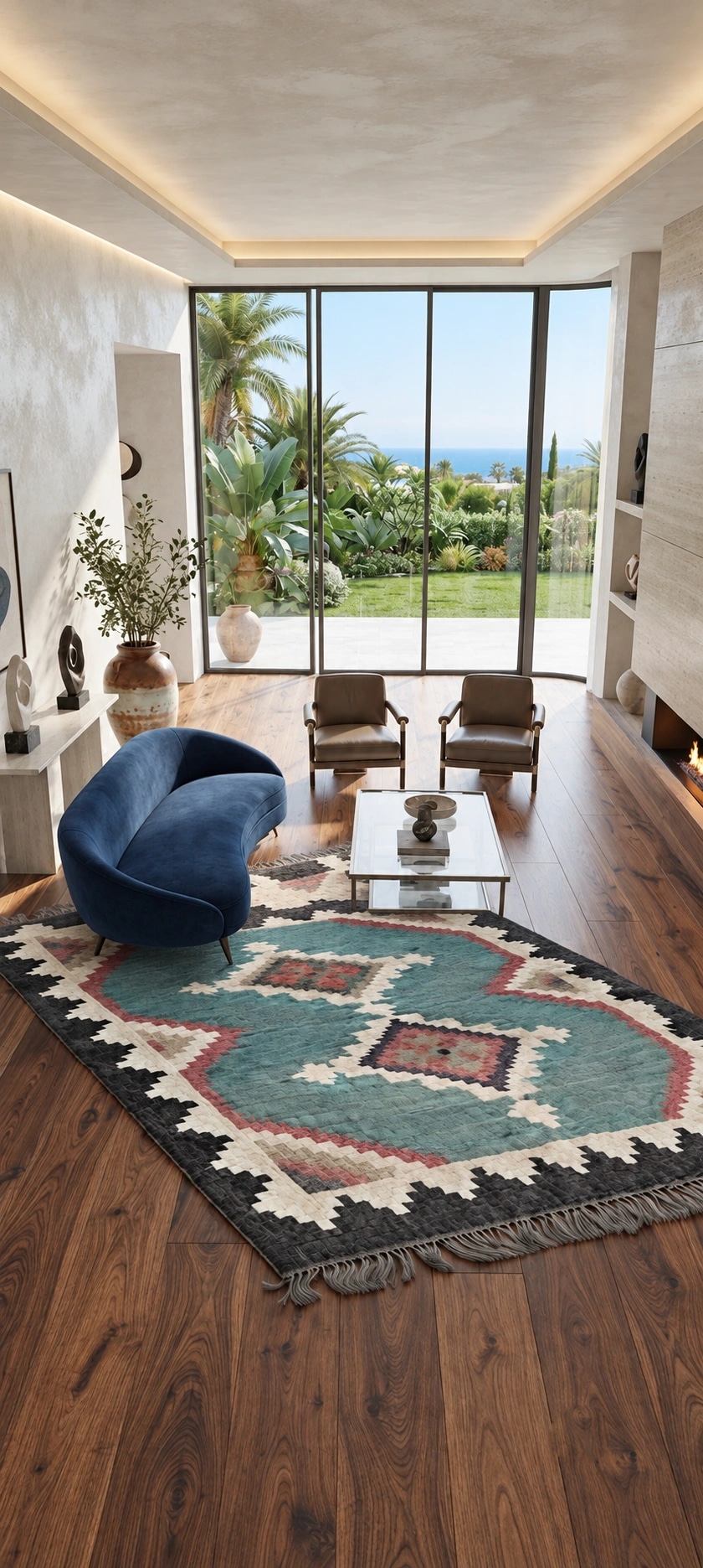 Teal area rug with rose and ivory stepped diamond motifs, a charcoal border and fringed ends in a living room with a curved blue sofa.
