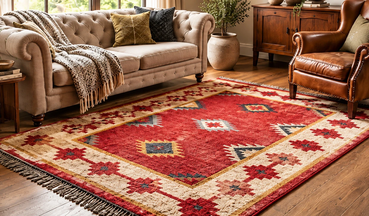 Terracotta-red area rug with stepped geometric medallions and an ivory border in a furnished sitting room.