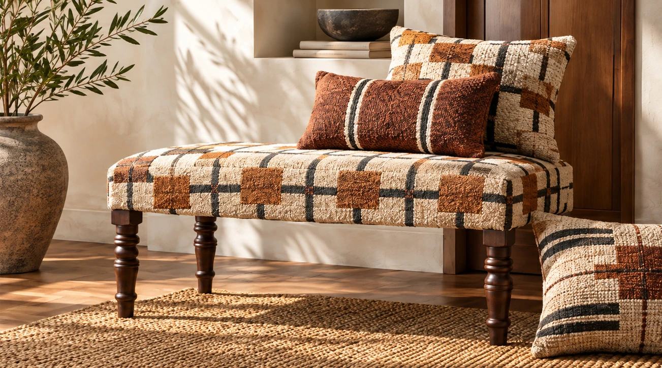 Wooden bench upholstered in ivory, rust and charcoal geometric textile, styled with coordinating cushions.