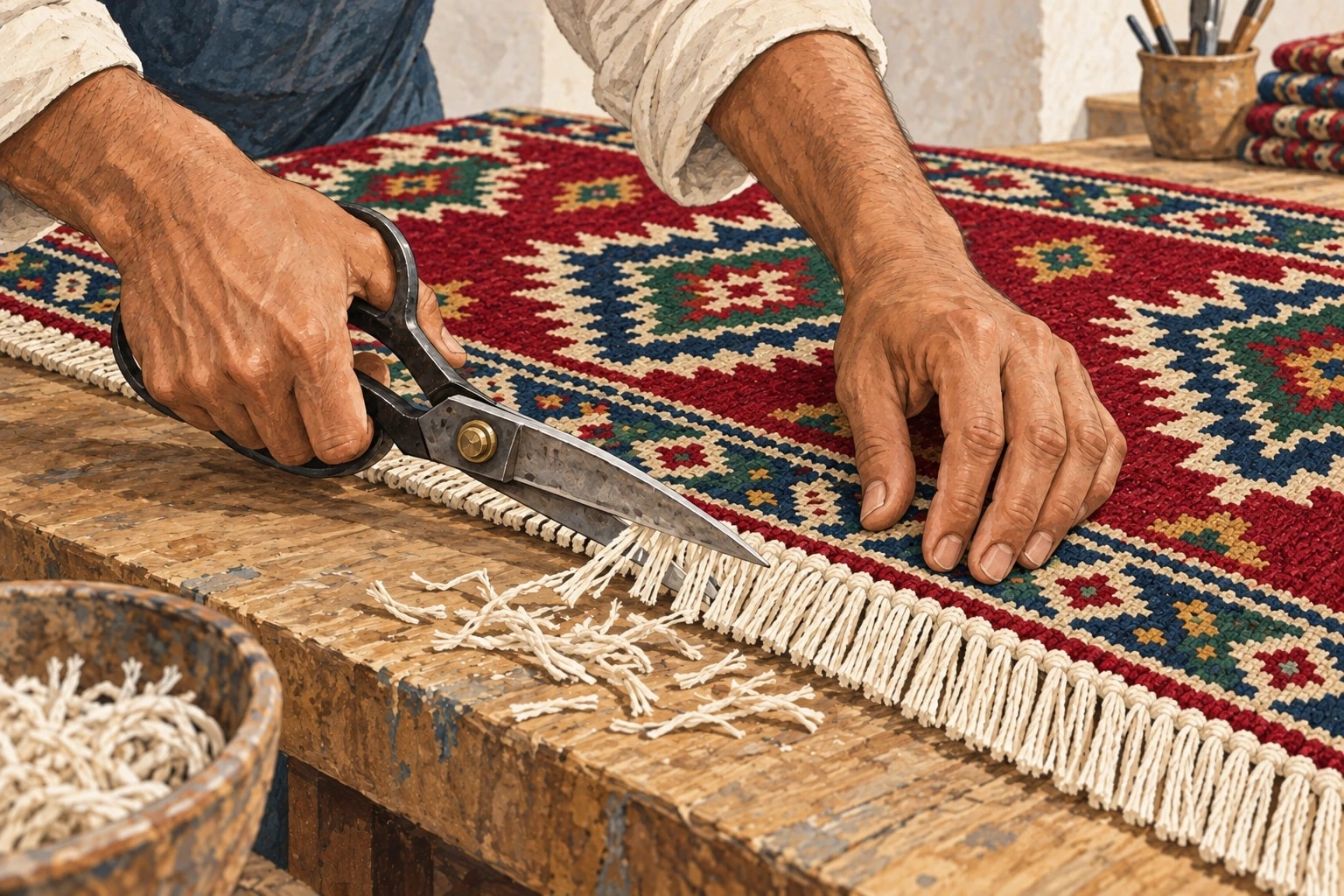 Illustration of an artisan trimming the fringe of a dark red patterned rug with tailoring shears