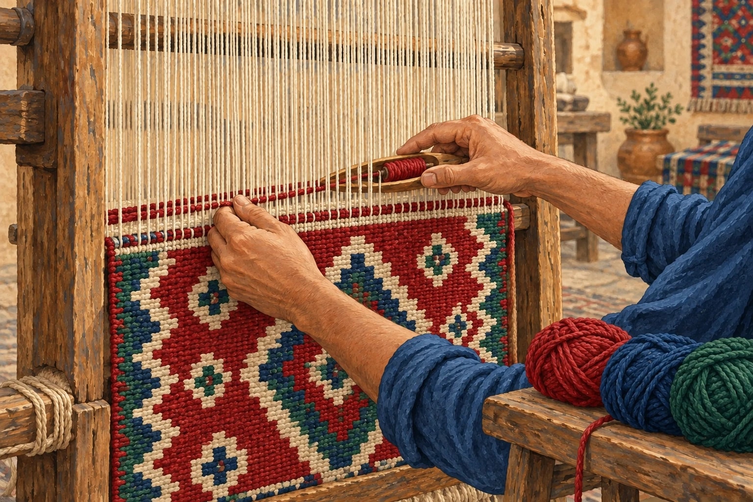 Illustration of hands weaving a crimson rug with indigo and green geometric motifs