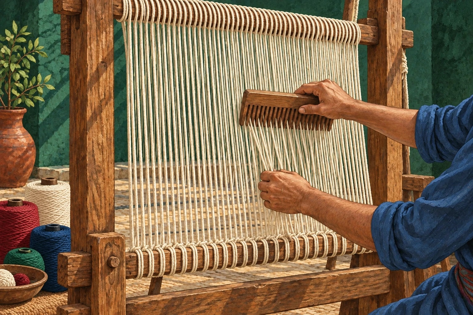 Illustration of an artisan arranging ivory warp threads on a wooden handloom beside colourful yarn spools