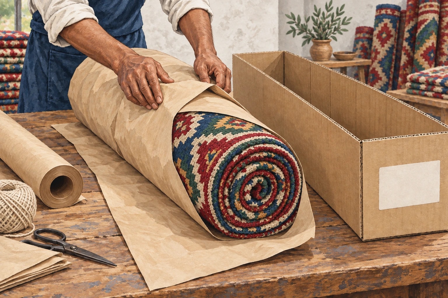 Illustration of a colourful rolled rug being wrapped in protective paper beside its shipping carton