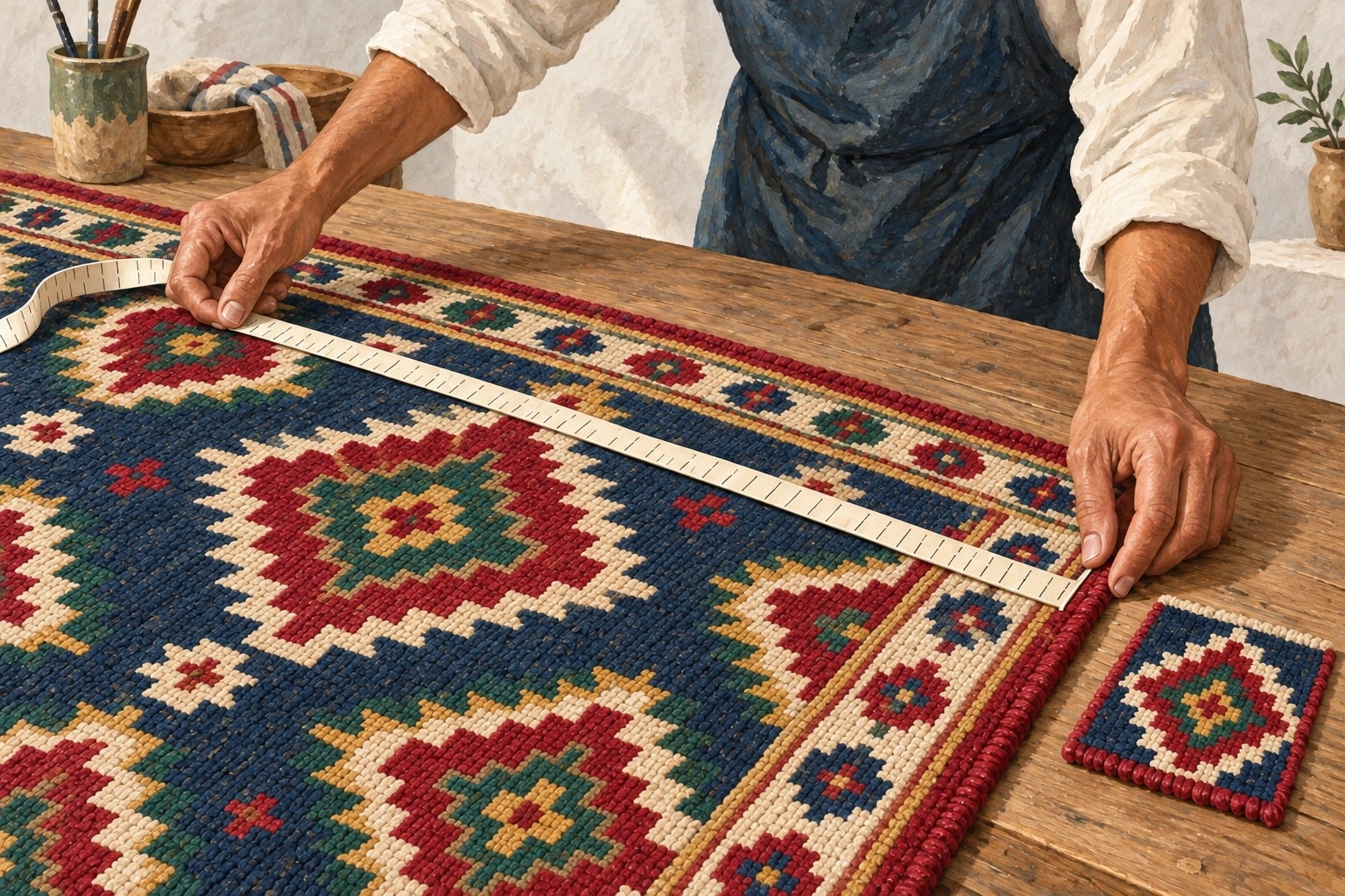 Illustration of an indigo rug with red and green motifs being measured beside a matching swatch