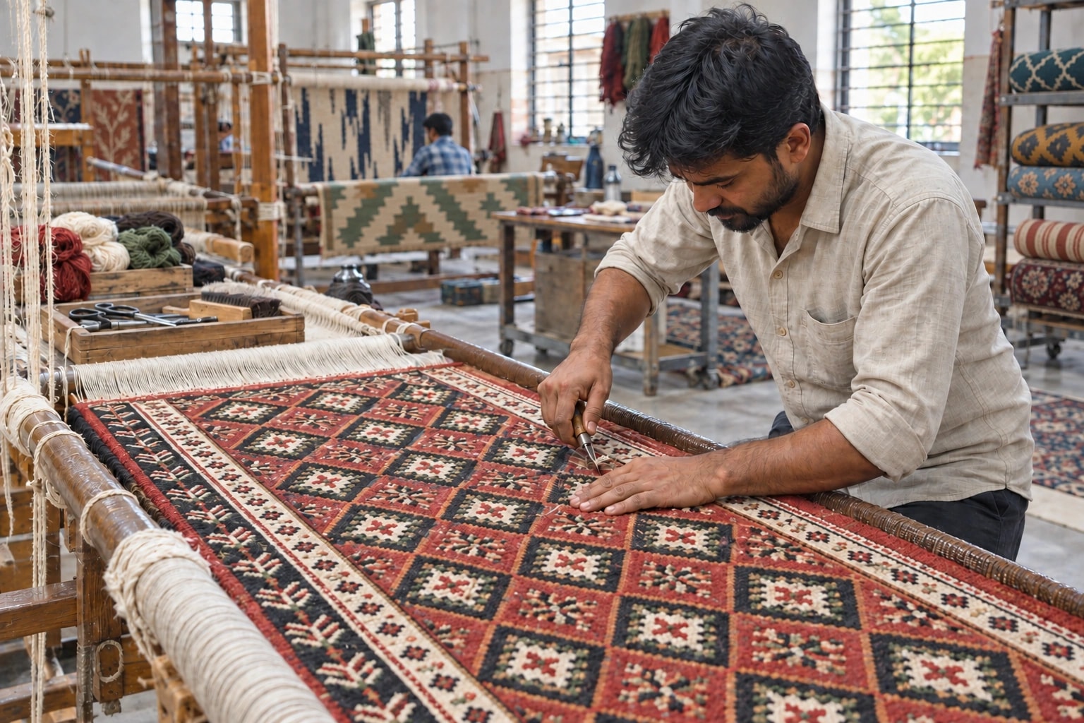 Illustrative scene of an artisan carefully trimming the surface of a red, navy and ivory geometric rug in a weaving workshop
