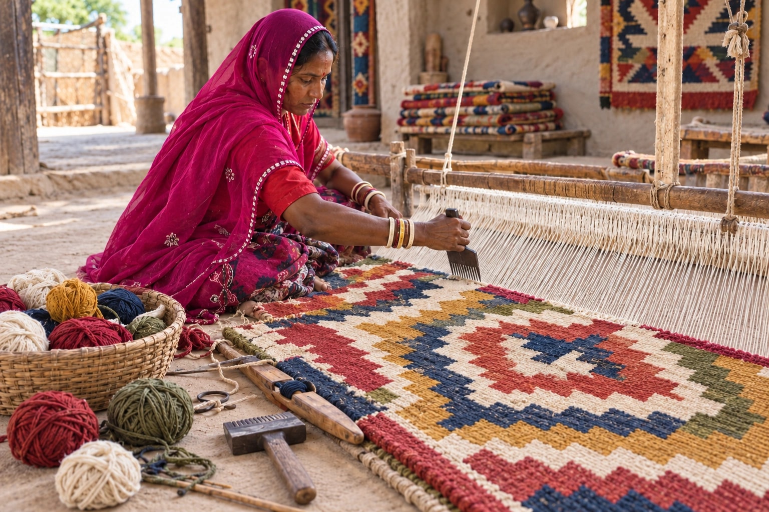 Illustrative scene of an artisan in a magenta sari handweaving a colourful diamond-patterned rug beside baskets of yarn