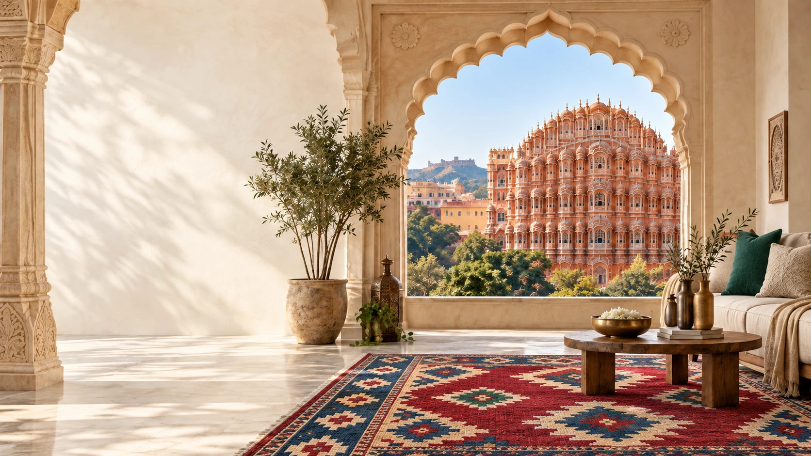 A Jaipur-inspired haveli interior with sandstone arches, a view of Hawa Mahal and a patterned heritage rug — decorative brand imagery