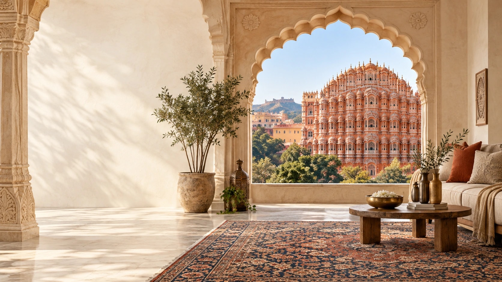 Jaipur-inspired palatial interior with a patterned rug and sandstone arches