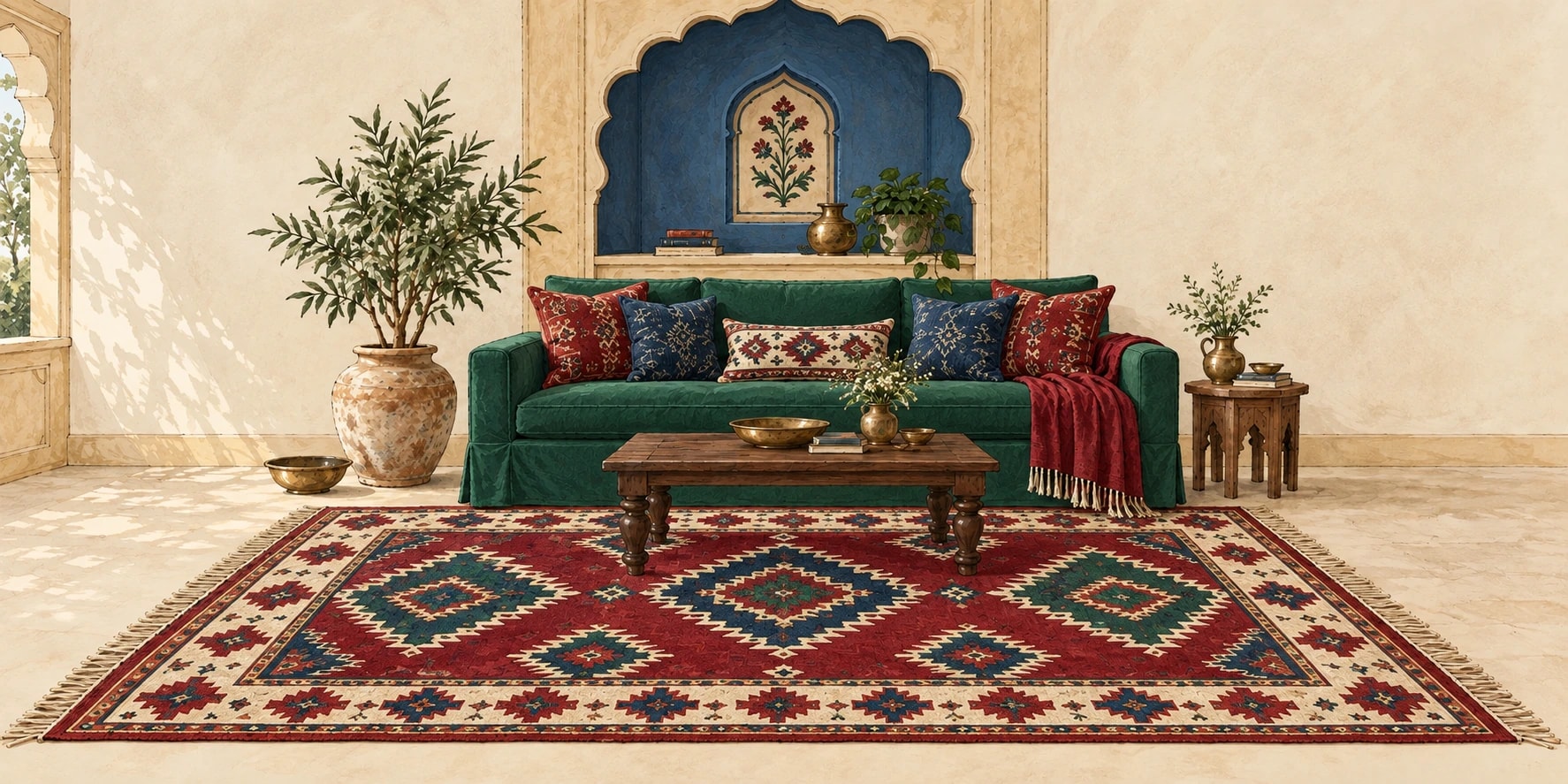 Illustration of a Jaipur-inspired living room with a crimson geometric rug, emerald sofa and blue accents