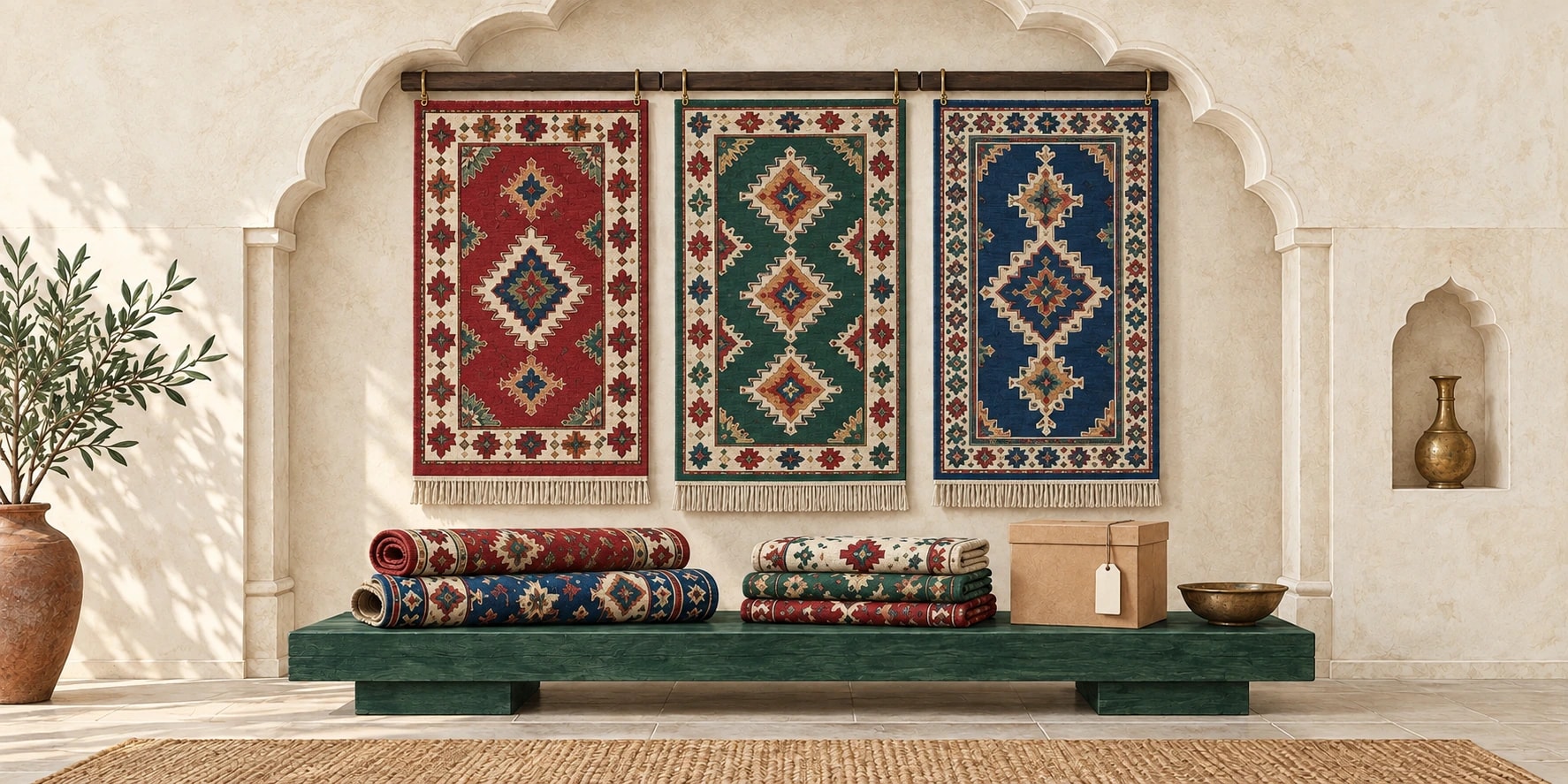 Illustration of a colourful coordinated rug collection with geometric patterns and an emerald display bench
