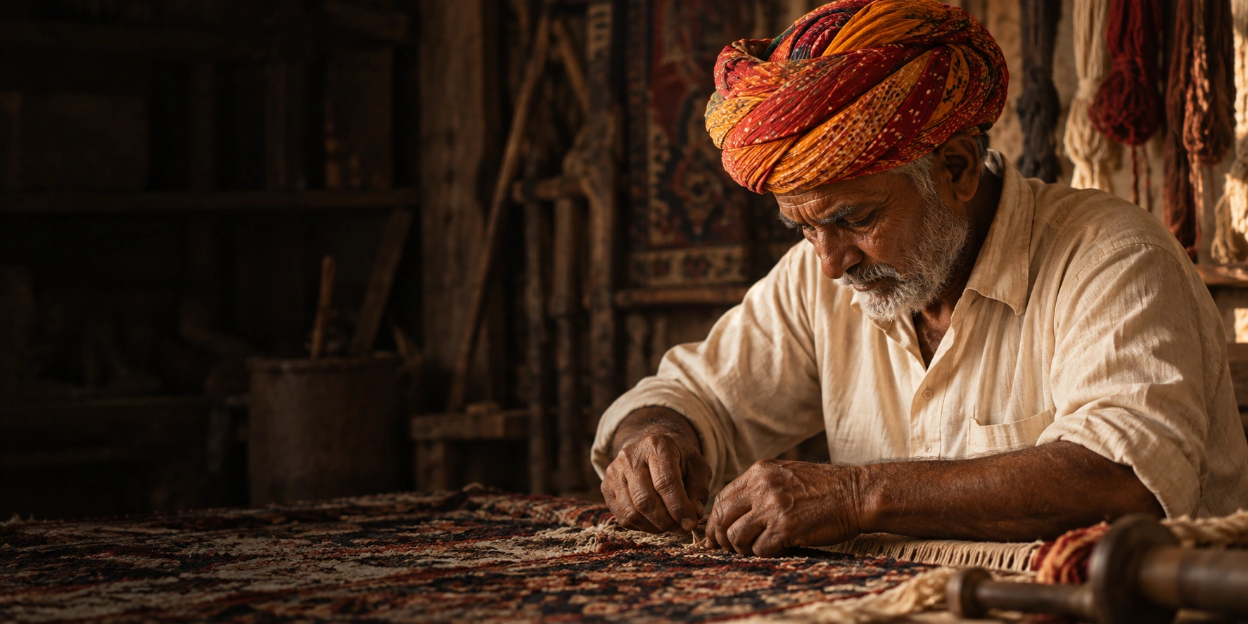 A turbaned artisan weaving by hand in a warm Jaipur-inspired workshop — illustrative brand imagery